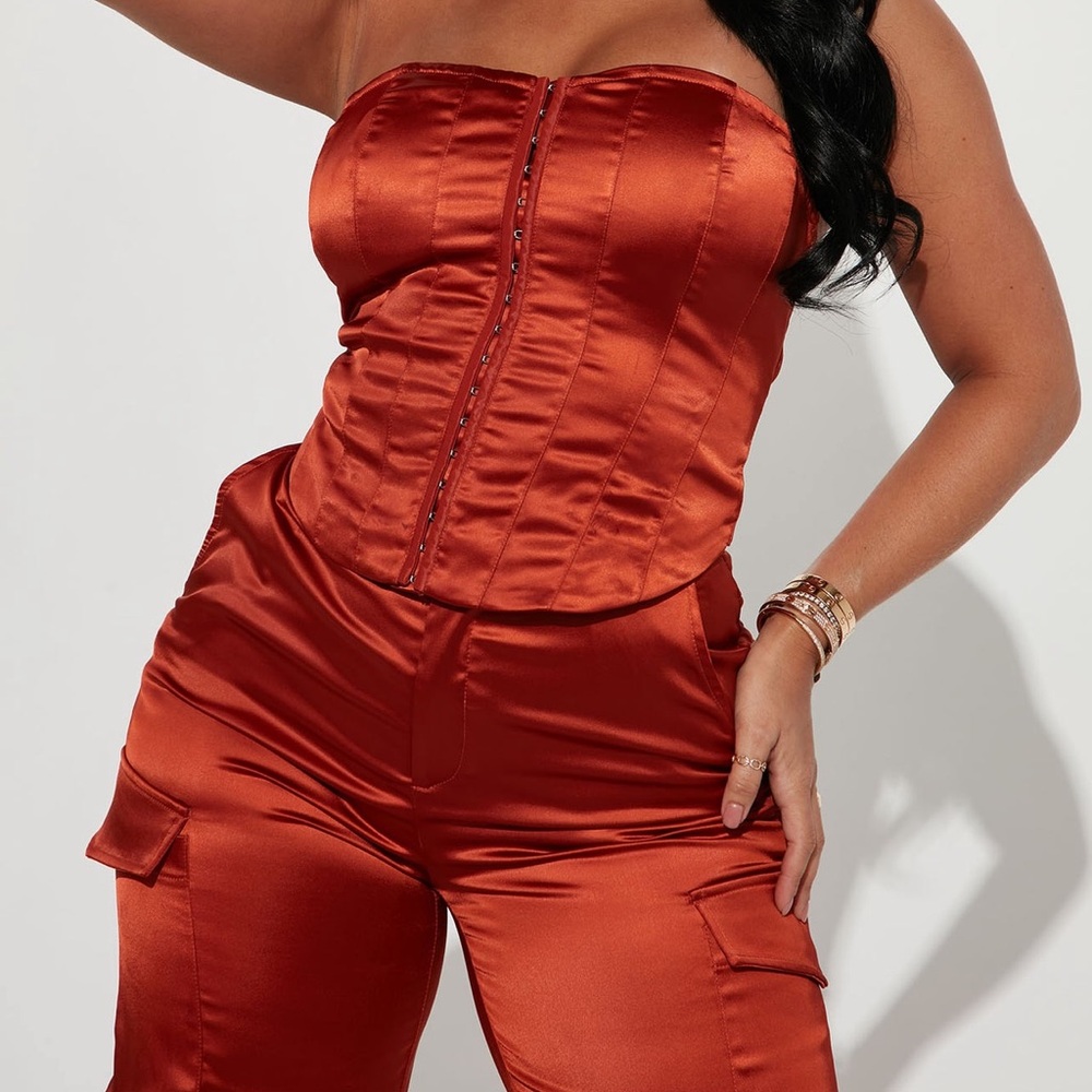 Strapless Satin Cargo Jumpsuit in Rust - Picture 2 of 5